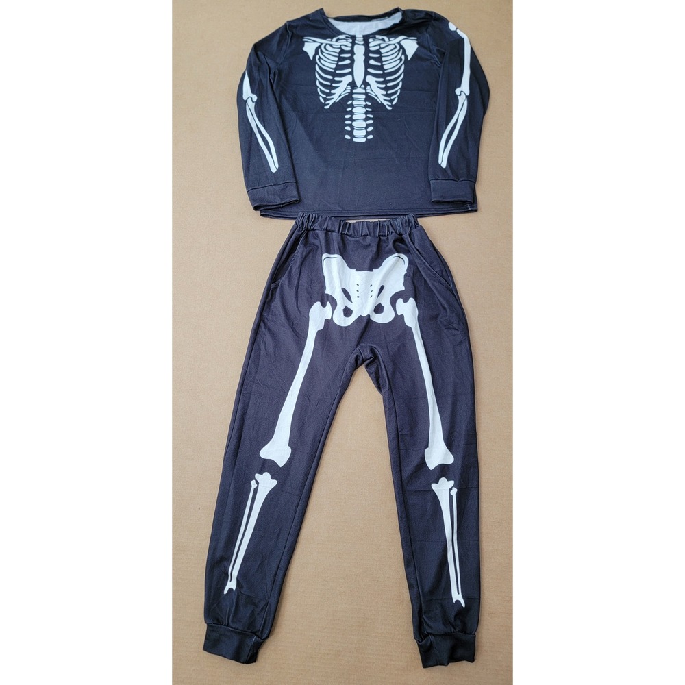 Skeleton Print 2 Piece Costume Set Black White Halloween Women Pajamas Party